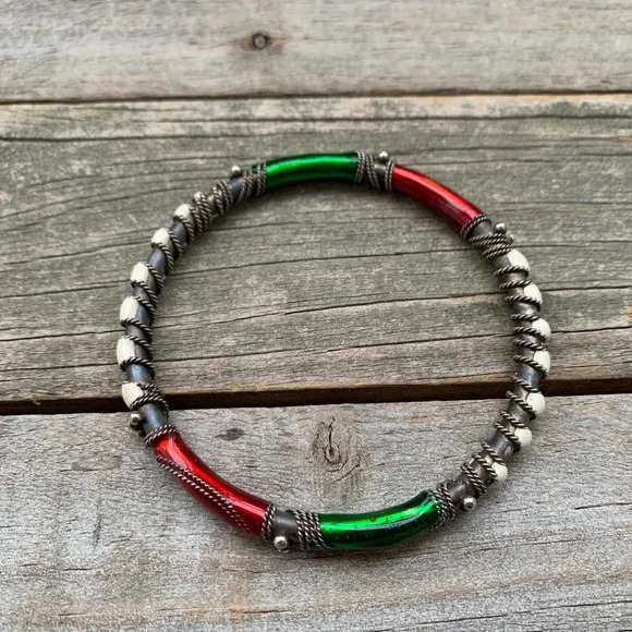 Vintage Bangle on Metal with Ceramic Accents Christmas Bracelet - Picture 1 of 6